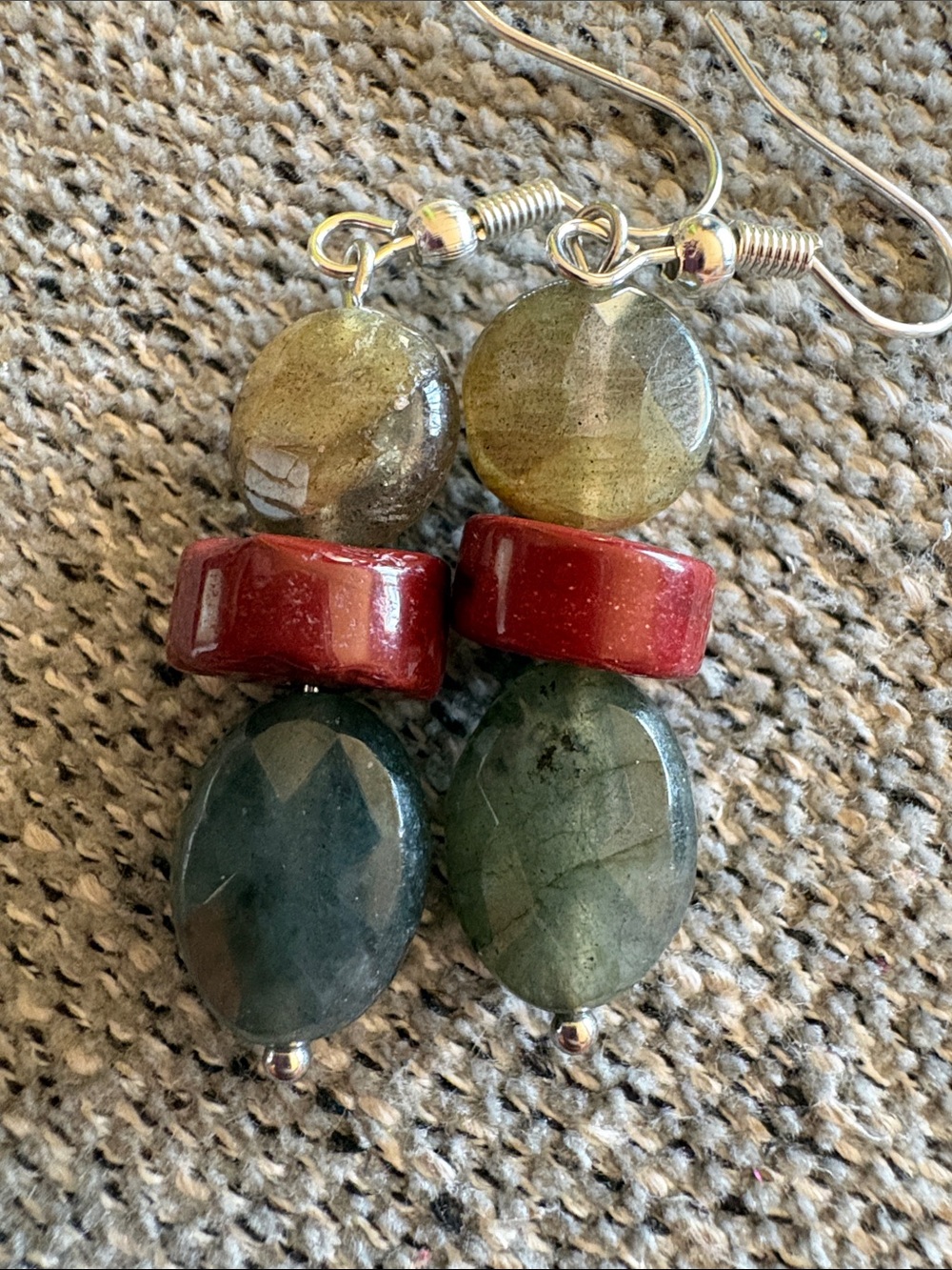 Hand Crafted Faceted Labradorite and Mookite Dangle Earrings - Picture 3 of 3